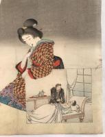 小林清親「虫歯の美人と西洋医（仮）」 明治期 木版画 聴診器 文明開化 風刺画 ポンチ絵 医療歴史資料