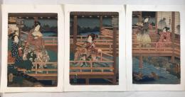 歌川国貞（三代豊国）「曲水の宴」 大判錦絵 3枚続 鯉 エサやり 美人画 源氏絵 幕末 改印あり