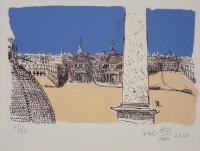 【真作】藪野健「遠い日の町で」手彩色リトグラフ 限定65部 2010年 日本芸術院会員就任記念 ローマ・ポポロ広場 額装品