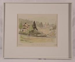 【記念品】スイス風景画「Church in Swiss」限定版画(28/50) 額装 1990年 大西株式会社創立50周年記念 欧州風景 インテリア