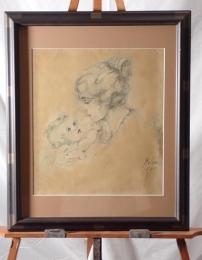 【額装】E. MAISON-KURT「母と子」ヴィンテージプリント 複製画 スケッチ風 アンティーク調 人物画 インテリア