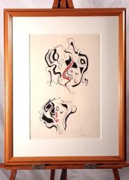 肉筆抽象画「S. Cecil」署名有 インク・グワッシュ 額装品