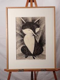 【希少】寺田農「キツネ（仮）」直筆サイン入 スクラッチ画/版画 額装 ムスカ大佐声優 俳優 寺田政明の息子 箱付