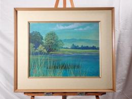 【真作/模写】日本画風景「湖畔の葦」銘『寛』額装 F6号 昭和レトロ 青の絶景 東山魁夷風 インテリア
