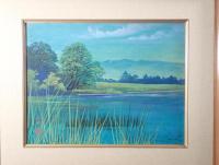【真作/模写】日本画風景「湖畔の葦」銘『寛』額装 F6号 昭和レトロ 青の絶景 東山魁夷風 インテリア