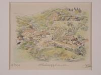 【限定50部】スイス風景画「シャフハウゼン」ムノート要塞 直筆サイン『Yoshi』額装 リトグラフ/版画 建築スケッチ 美品