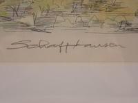 【限定50部】スイス風景画「シャフハウゼン」ムノート要塞 直筆サイン『Yoshi』額装 リトグラフ/版画 建築スケッチ 美品