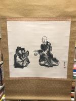 【模写】【掛軸】良寛 子供と手毬　矢崎虎夫　水墨画　紙本　落款あり　少々汚れあり