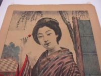 石版画 東京名妓 日本橋正枝 明治24/矢島智三郎　彩色/大きさ約縦約43cm×横約33cm