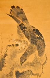武居梅坡筆　鷹に梅の画幅