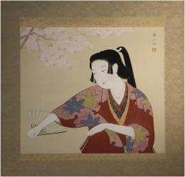 掛軸　花の舞　満江女画