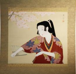 掛軸　花の舞　満江女画