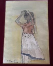 大津英敏「風に立つ」　淡彩素描・紙　額装　 絵のサイズは約28センチ×約20センチ　額寸は約50センチ×約41センチ。サインあり。