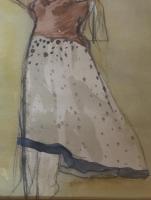 大津英敏「風に立つ」　淡彩素描・紙　額装　 絵のサイズは約28センチ×約20センチ　額寸は約50センチ×約41センチ。サインあり。