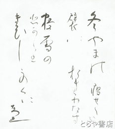 生方たつゑ色紙　「冬山」共袋　「冬山の痩せたる襞におきわたす根雪の光りきびしきこの国」