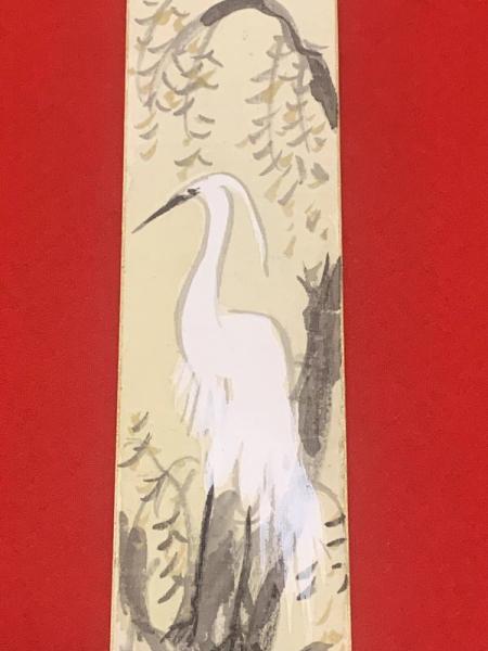 短冊【小川千甕・彩色絵入（鳥） 毛筆肉筆 】絹本(小川千甕
