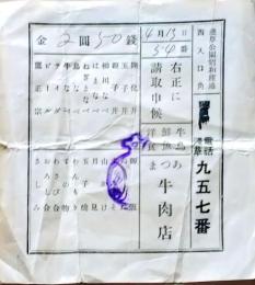 D26012811〇一枚刷り 料理献立  浅草公園昭和通 牛肉店 領収書 昭和年代〇和本古書古文書