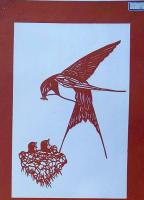 f240405005〇伊勢型紙 手彫り ツバメ ヒナ 巣 アート 伝統和紙工芸 貼り絵 切り絵 昭和レトロ インテリア〇和本古書古文書