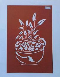 f240405007〇伊勢型紙 手彫り 百合 鉢植え  アート 伝統和紙工芸 貼り絵 切り絵 昭和レトロ インテリア〇和本古書古文書