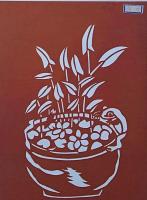 f240405007〇伊勢型紙 手彫り 百合 鉢植え  アート 伝統和紙工芸 貼り絵 切り絵 昭和レトロ インテリア〇和本古書古文書