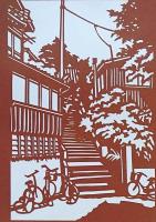 f240405010〇伊勢型紙 手彫り 坂道と自転車の風景  アート 伝統和紙工芸 貼り絵 切り絵 昭和レトロ インテリア〇和本古書古文書