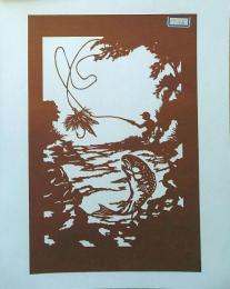 D26020015〇伊勢型紙 手彫り 釣り ルアーフィッシング アート 伝統和紙工芸 貼り絵 切り絵 昭和レトロ インテリア〇和本古書古文書