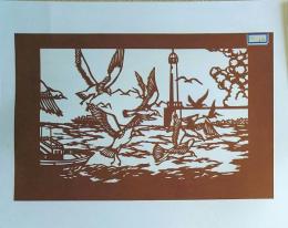 D26020016〇伊勢型紙 手彫り カモメと波止場 アート 伝統和紙工芸 貼り絵 切り絵 昭和レトロ インテリア〇和本古書古文書