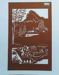 D26020024〇伊勢型紙 手彫り 里山の風景 アート 伝統和紙工芸 貼り絵 切り絵 昭和レトロ インテリア〇和本古書古文書