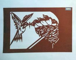 D26020027〇伊勢型紙 手彫り ツバメ ヒナ 巣 春の風物詩  アート 伝統和紙工芸 貼り絵 切り絵 昭和レトロ インテリア〇和本古書古文書