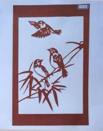 D26020029〇伊勢型紙 手彫り 竹に雀 調和の美  アート 伝統和紙工芸 貼り絵 切り絵 昭和レトロ インテリア〇和本古書古文書