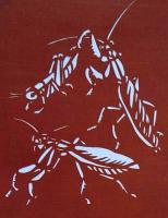 D26020030〇伊勢型紙 手彫り カマキリとキリギリス  アート 伝統和紙工芸 貼り絵 切り絵 昭和レトロ インテリア〇和本古書古文書