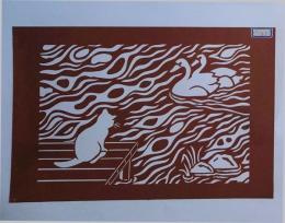 D26020031〇伊勢型紙 手彫り 猫とアヒル  アート 伝統和紙工芸 貼り絵 切り絵 昭和レトロ インテリア〇和本古書古文書