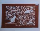 D26020031〇伊勢型紙 手彫り 猫とアヒル  アート 伝統和紙工芸 貼り絵 切り絵 昭和レトロ インテリア〇和本古書古文書