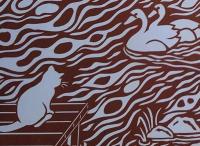 D26020031〇伊勢型紙 手彫り 猫とアヒル  アート 伝統和紙工芸 貼り絵 切り絵 昭和レトロ インテリア〇和本古書古文書