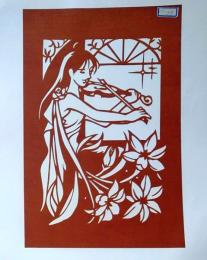 D26020033〇伊勢型紙 手彫り  ヴァイオリニスト アート 伝統和紙工芸 貼り絵 切り絵 昭和レトロ インテリア〇和本古書古文書