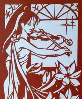 D26020033〇伊勢型紙 手彫り  ヴァイオリニスト アート 伝統和紙工芸 貼り絵 切り絵 昭和レトロ インテリア〇和本古書古文書