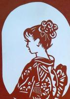 D26020034〇伊勢型紙 手彫り 和服に日本髪  アート 伝統和紙工芸 貼り絵 切り絵 昭和レトロ インテリア〇和本古書古文書