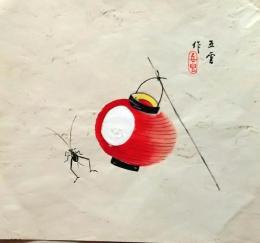 D26020521〇彩色木版画 団扇絵 うちわ絵  提灯 秋の虫 昭和年代〇和本古書古文書