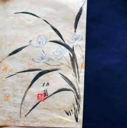 D26020522〇彩色木版画 団扇絵 うちわ絵 百合  昭和年代〇和本古書古文書