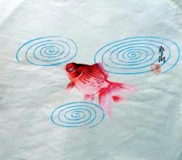 D26020525〇彩色木版画 団扇絵 うちわ絵 金魚  昭和年代〇和本古書古文書