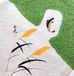 D26020526〇彩色木版画 団扇絵 うちわ絵 鮎  昭和年代〇和本古書古文書