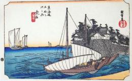 D26020043〇彩色木版画 ハガキサイズ 東海道五十三次 桑名宿 保永堂版 広重 複刻昭和年代〇和本古書古文書