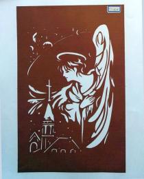 D26020040〇伊勢型紙 手彫り  天使 教会 クリスマス アート 伝統和紙工芸 貼り絵 切り絵 昭和レトロ インテリア〇和本古書古文書