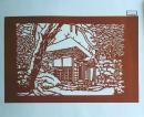 D26020044〇伊勢型紙 手彫り 雪の山荘 冬の風物詩 アート 伝統和紙工芸 貼り絵 切り絵 昭和レトロ インテリア〇和本古書古文書