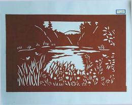 D26020048〇伊勢型紙 手彫り 池 湖 日本の美 アート 伝統和紙工芸 貼り絵 切り絵 昭和レトロ インテリア〇和本古書古文書