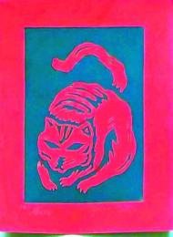 D26020421〇彩色木版画 動物　ネコ   昭和年代〇和本古書古文書