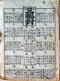 D26022103〇一枚刷り 和紙木版 江戸自慢  三幅対 古今仁義 八幡太郎義家 武蔵坊弁慶　ことば遊び しゃれ なぞ 判じ絵 見立番付 江戸末期〇和本古書古文書
