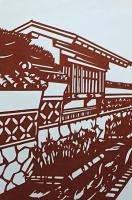 D26020056〇伊勢型紙 手彫り 江戸風情が残る 菖蒲咲く武家屋敷 アート 伝統和紙工芸 貼り絵 切り絵 昭和レトロ インテリア〇和本古書古文書