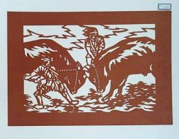 D26020058〇伊勢型紙 手彫り 宇和島闘牛 四季の風物詩 アート 伝統和紙工芸 貼り絵 切り絵 昭和レトロ インテリア〇和本古書古文書