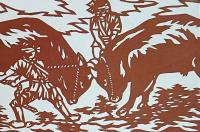 D26020058〇伊勢型紙 手彫り 宇和島闘牛 四季の風物詩 アート 伝統和紙工芸 貼り絵 切り絵 昭和レトロ インテリア〇和本古書古文書